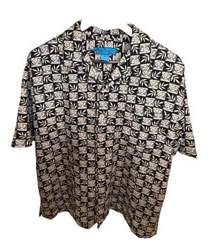 Paradise Cove Mens M 100% Silk Hawaiian Shirt Black Cream Floral Camp Aloha
